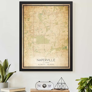 Poster con mappa vintage di Naperville, Illinois, stampa mappa personalizzata