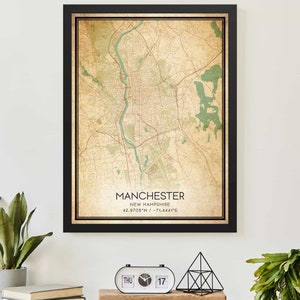 Vintage Manchester New Hampshire Map Print Poster Custom Map Art