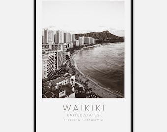 Waikiki United States Travel Photo Poster BW, Waikiki Travel Print, Minimalist Travel Poster Print