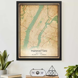 Vintage Manhattan New York Map Print Poster Custom Map Art