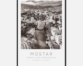 Mostar Bosnia and Herzegovina Travel Photo Poster BW, Mostar Travel Print, Minimalist Travel Poster Print