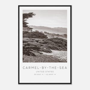 Poster fotografico di viaggio di Carmel-by-the-Sea, Stati Uniti, in bianco e nero, stampa di viaggio di Carmel-by-the-Sea, stampa di poster di viaggio minimalista