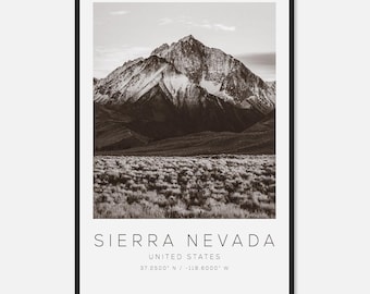 Póster fotográfico de viaje a Sierra Nevada, Estados Unidos, blanco y negro, impresión de viaje a Sierra Nevada, póster de viaje minimalista