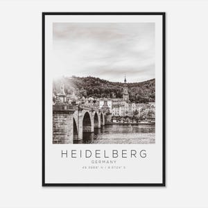 Póster fotográfico de viaje de Heidelberg, Alemania, blanco y negro, impresión de viaje de Heidelberg, impresión de póster de viaje minimalista