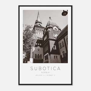 Póster fotográfico de viaje de Subotica, Serbia, blanco y negro, impresión de viaje de Subotica, impresión de póster de viaje minimalista