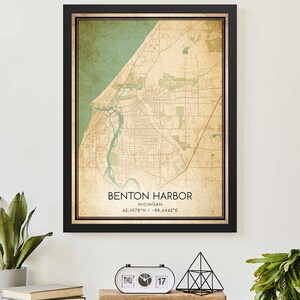 Vintage Benton Harbor Michigan Map Print Poster Custom Map Art