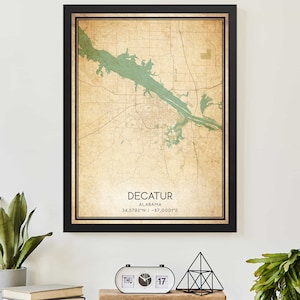 Vintage Decatur Alabama Kaart Print Poster Douane Kaart Art