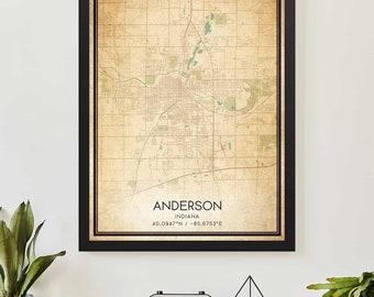 Vintage Anderson Indiana Map Print Poster Custom Map Art