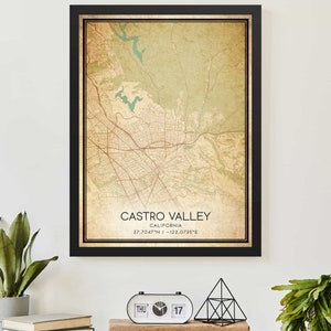 Vintage Castro Valley Californië Kaart Print Poster Custom Kaart Art