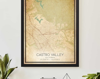 Vintage Castro Valley California Map Print Poster Custom Map Art