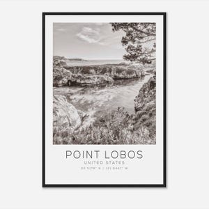 Point Lobos Verenigde Staten reisfotoposter zwart-wit, Point Lobos reisafdruk, minimalistische reisposterafdruk