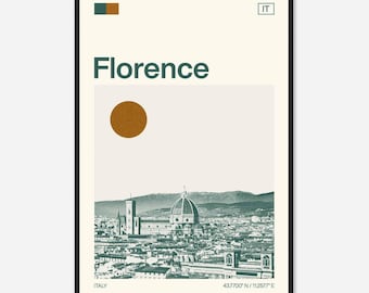 May include: A minimalist poster with a green and brown color scheme featuring a cityscape of Florence, Italy. The poster includes the text "Florence", "IT", "ITALY", and "43.7700° N / 11.2577° E".