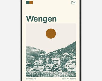 Wengen Switzerland Minimalist Monochrome Travel Photo Poster