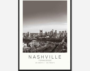 May include: Black and white photograph of the Nashville skyline with the text "NASHVILLE TENNESSEE 36.1669°N / -86.7852°E" at the bottom.