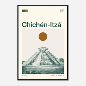 Könnte beinhalten: Ein minimalistisches Poster in Grün- und Brauntönen mit einer Schwarzweißillustration der Chichen Itza Pyramide in Mexiko. Das Poster enthält auch den Text "Chichen-Itza", "Mexiko", "20.6843° N / 88.5678° W" und "MX".