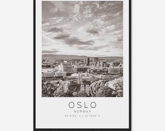 May include: A black and white photograph of the Oslo skyline, with the text "OSLO NORWAY 59.9139° N / 10.7522° E" below the image.