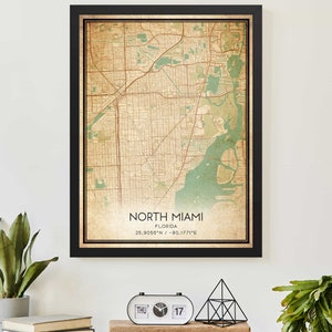 Vintage Noord-Miami Florida kaart afdrukken Poster aangepaste kaart kunst