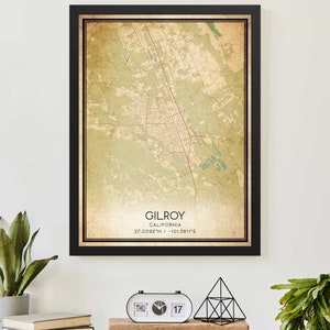 Vintage Gilroy California Map Print Poster Custom Map Art