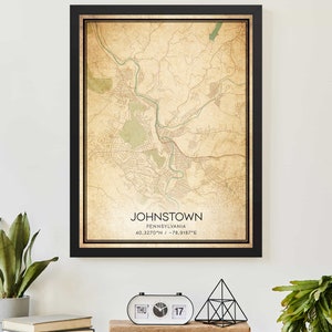 Pôster com impressão de mapa vintage de Johnstown, Pensilvânia, arte de mapa personalizada