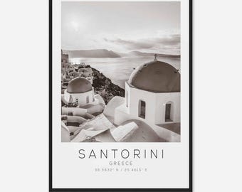 Póster fotográfico de viaje a Santorini, Grecia, blanco y negro, impresión de viaje a Santorini, póster de viaje minimalista