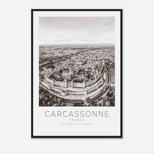 Póster fotográfico de viaje de Carcassonne, Francia, blanco y negro, impresión de viaje de Carcassonne, póster de viaje minimalista