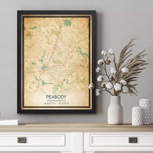 Vintage Peabody Massachusetts mapa imprimir cartel personalizado mapa arte