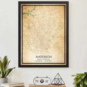 Pôster vintage com impressão de mapa da Carolina do Sul de Anderson, arte de mapa personalizada