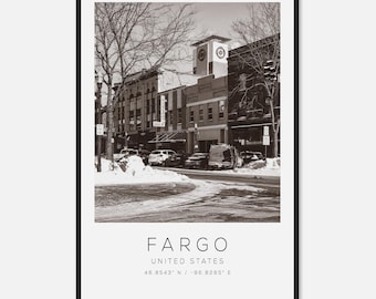 Póster fotográfico de viaje a Fargo, Estados Unidos, blanco y negro, impresión de viaje a Fargo, póster de viaje minimalista