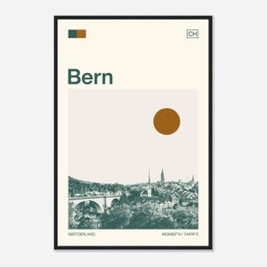 May include: A minimalist poster with a green and brown color scheme featuring a cityscape of Bern, Switzerland. The poster includes the city name "Bern", the country "Switzerland", and the coordinates "46.9480° N / 7.4474° E".
