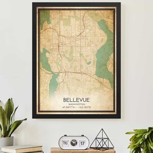 Vintage Bellevue Washington kaart print poster aangepaste kaartkunst