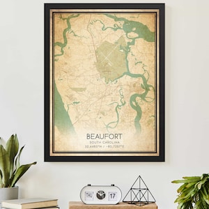 Vintage Beaufort South Carolina Map Print Poster Custom Map Art