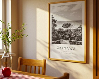 沖縄日本旅行写真ポスター白黒、沖縄旅行プリント、ミニマリスト旅行