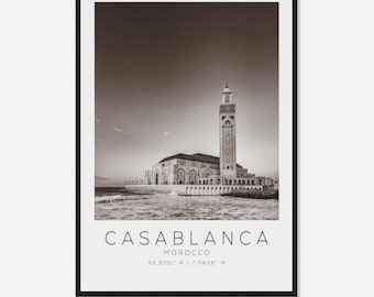 Póster fotográfico de viaje a Casablanca, Marruecos, blanco y negro, impresión de viaje a Casablanca, póster de viaje minimalista