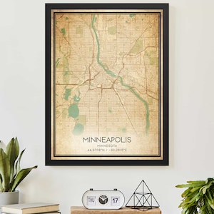 Vintage Minneapolis Minnesota Map Print Poster Custom Map Art