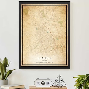 Vintage Leander Texas Map Print Poster Custom Map Art