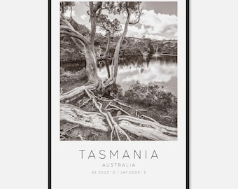 Tasmanië Australië reisfotoposter zwart-wit, Tasmanië reisafdruk, minimalistische reisposterafdruk