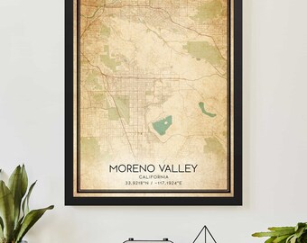 Vintage Moreno Valley California Map Print Poster Custom Map Art