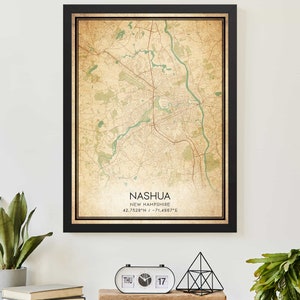 Vintage Nashua New Hampshire Karte Druck Poster Kundenspezifische Karte Kunst