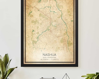 Vintage Nashua New Hampshire Map Print Poster Custom Map Art