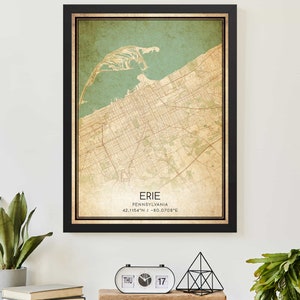 Vintage Erie Pennsylvania kaart print poster aangepaste kaart kunst