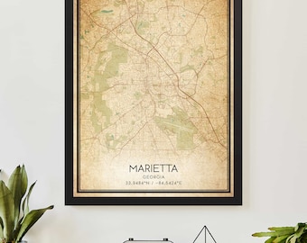 Plakat z mapą Marietta Georgia w stylu vintage, wydrukowany na zamówienie