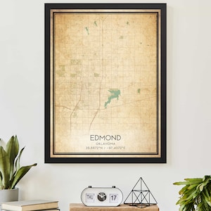 Cartaz de impressão de mapa vintage de Edmond Oklahoma, arte de mapa personalizada