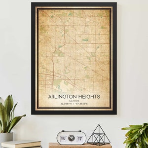 Poster con mappa vintage di Arlington Heights, Illinois, stampa mappa personalizzata