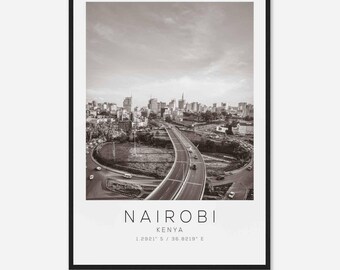 Póster fotográfico de viaje a Nairobi, Kenia, blanco y negro, impresión de viaje a Nairobi, póster de viaje minimalista