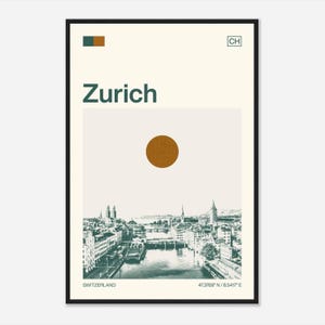 May include: A minimalist poster with a green and brown colour scheme featuring a cityscape of Zurich, Switzerland. The poster includes the city name, "Zurich", the country, "Switzerland", and the coordinates, "47.3769° N / 8.5417° E".