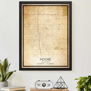 Cartaz de impressão de mapa vintage de Moore, Oklahoma, arte de mapa personalizada