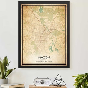 Póster con impresión de mapa vintage de Macon, Georgia, arte de mapa personalizado