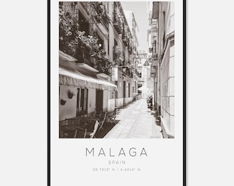 Malaga Spain Travel Photo Poster BW, Malaga Travel Print, Minimalist Travel Poster Print