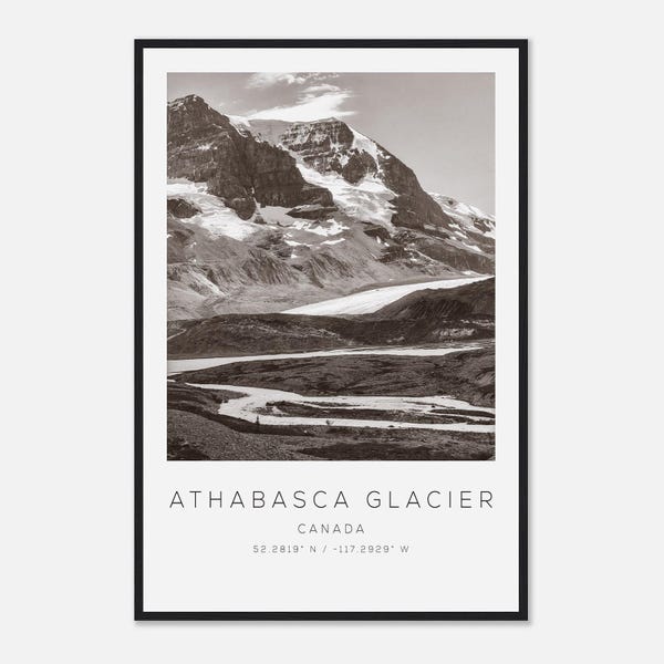 Póster fotográfico de viaje al glaciar Athabasca, Canadá, blanco y negro, impresión de viaje al glaciar Athabasca, póster de viaje minimalista