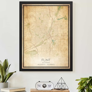 Vintage Flint Michigan Map Print Poster Custom Map Art